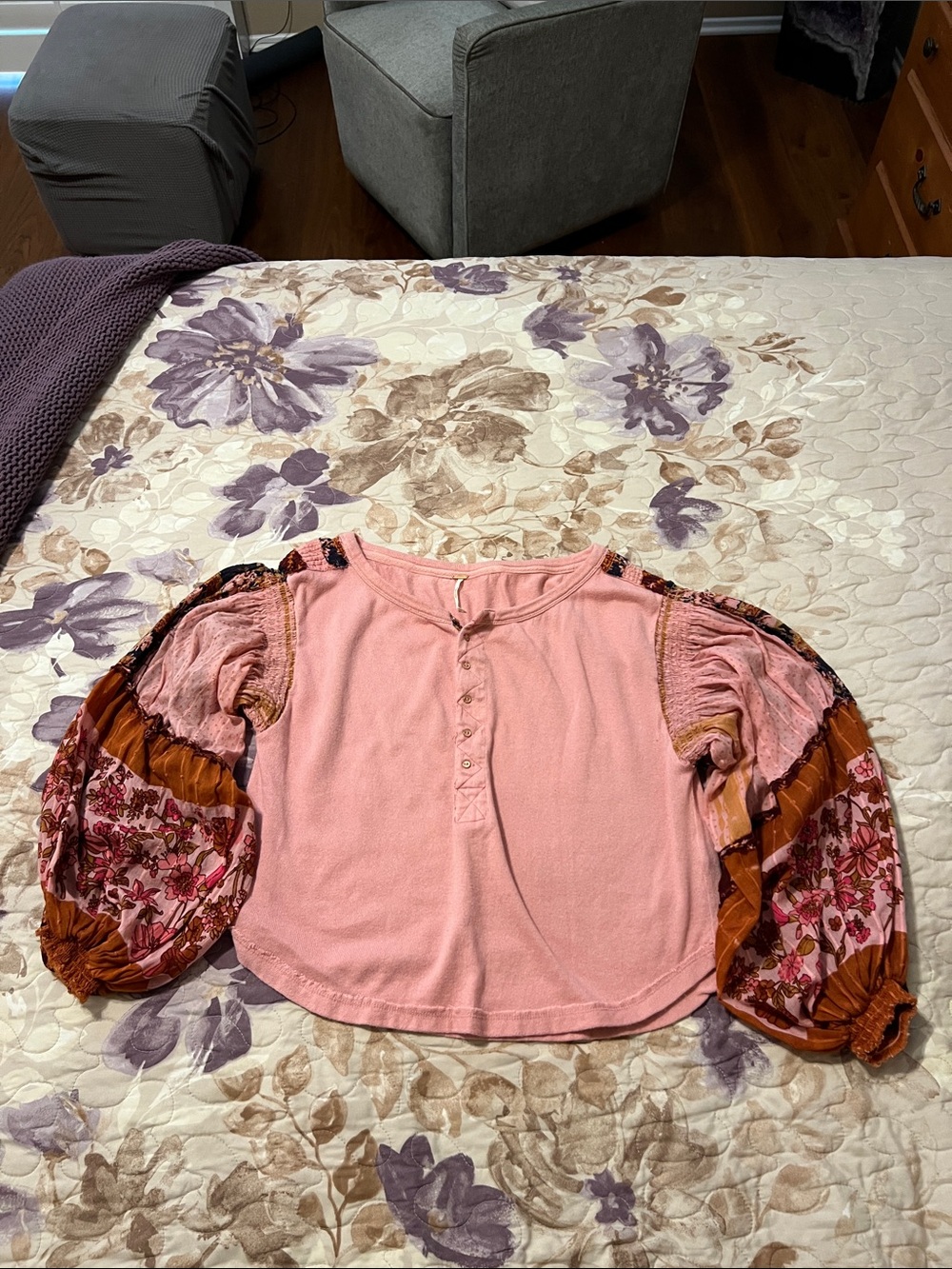 Free People Pink Boho Peasant Top with Floral Patchwork Sleeves